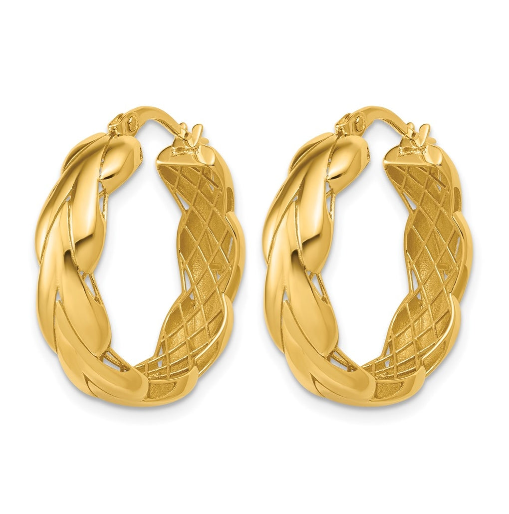 14k Yellow Gold Polished and Grooved Fancy Hoop Earrings