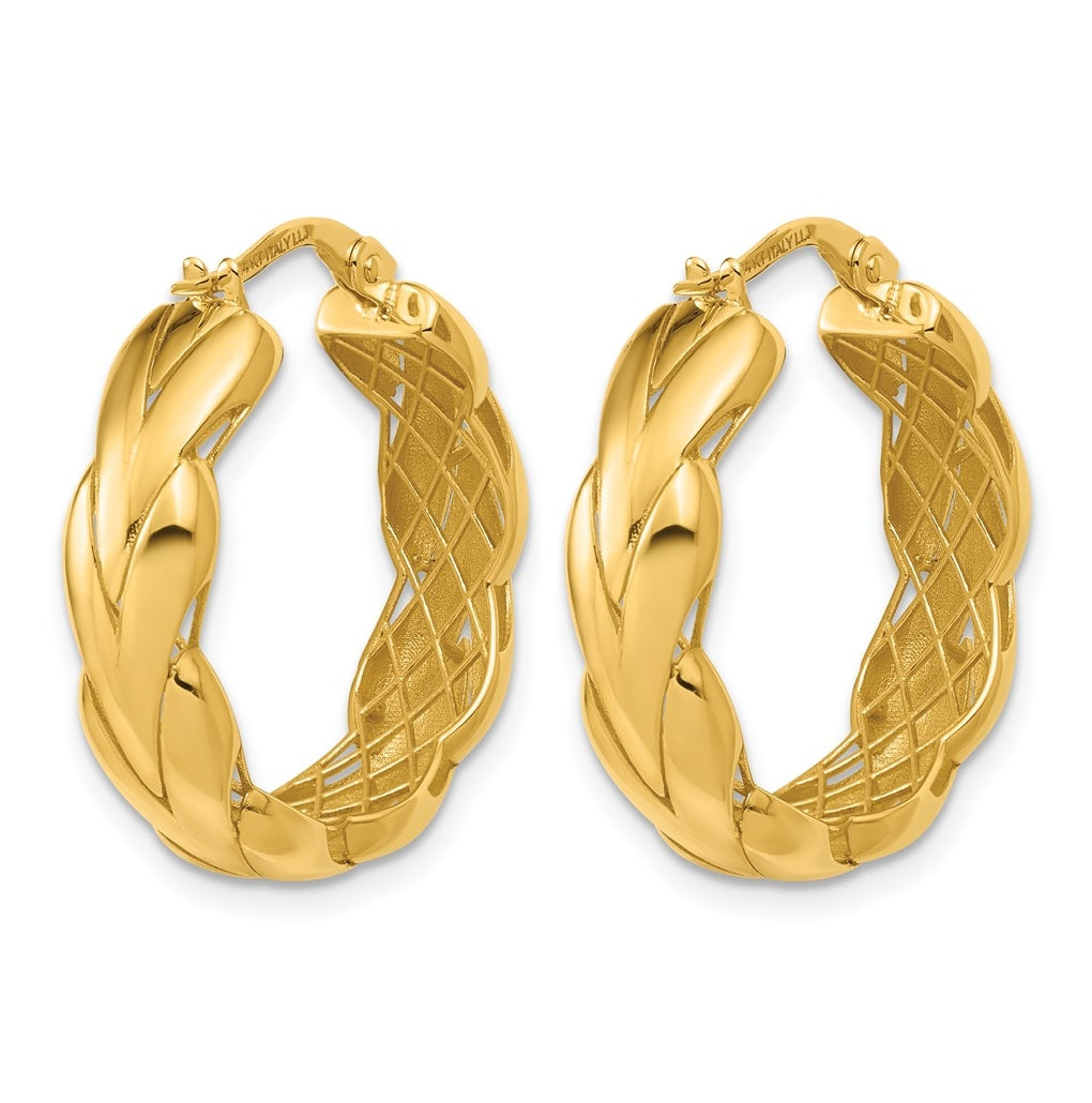 14k Yellow Gold Polished and Grooved Fancy Hoop Earrings