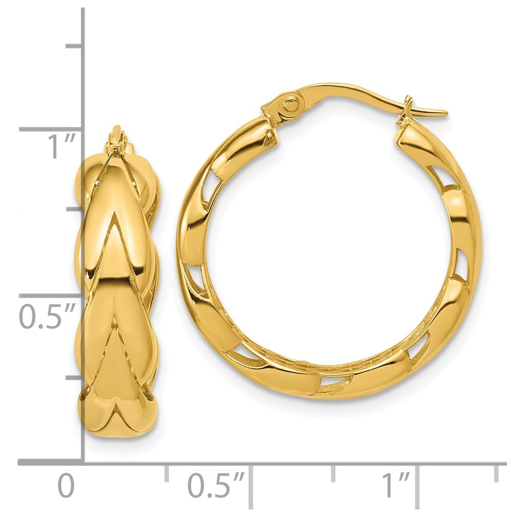 14k Yellow Gold Polished and Grooved Fancy Hoop Earrings