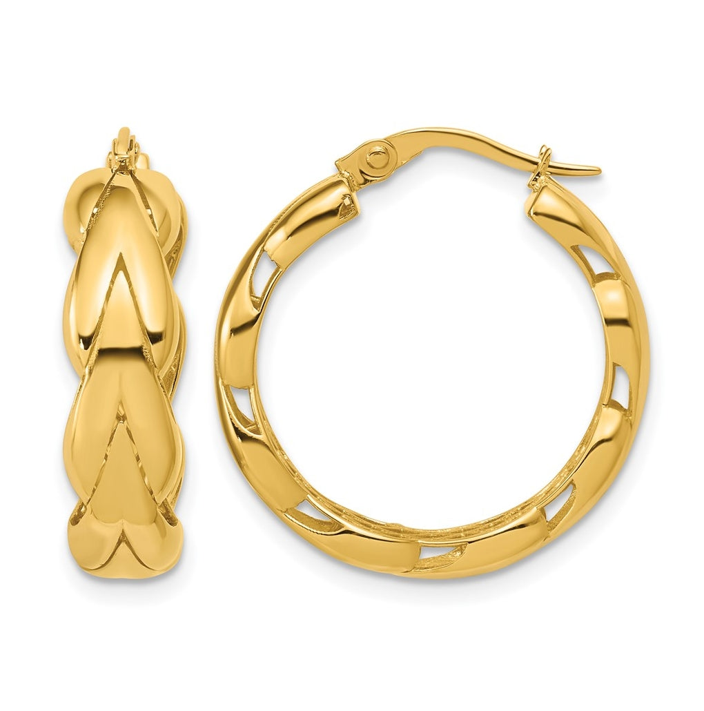 14k Yellow Gold Polished and Grooved Fancy Hoop Earrings