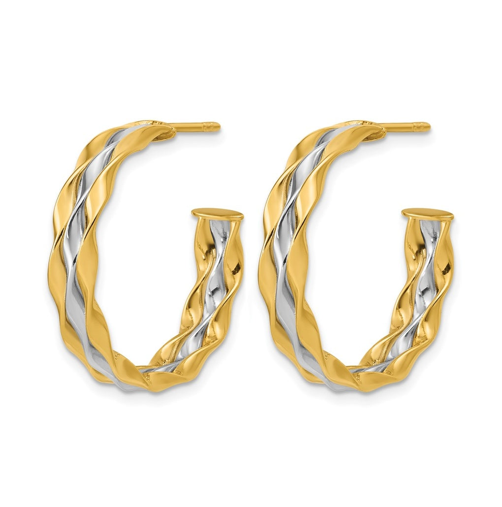 14k Yellow Gold w/Rhodium Polished Wave J-Hoop Post Earrings