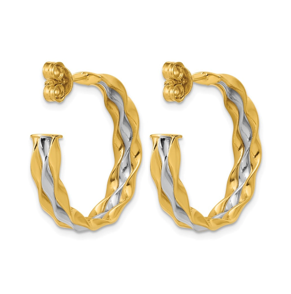 14k Yellow Gold w/Rhodium Polished Wave J-Hoop Post Earrings