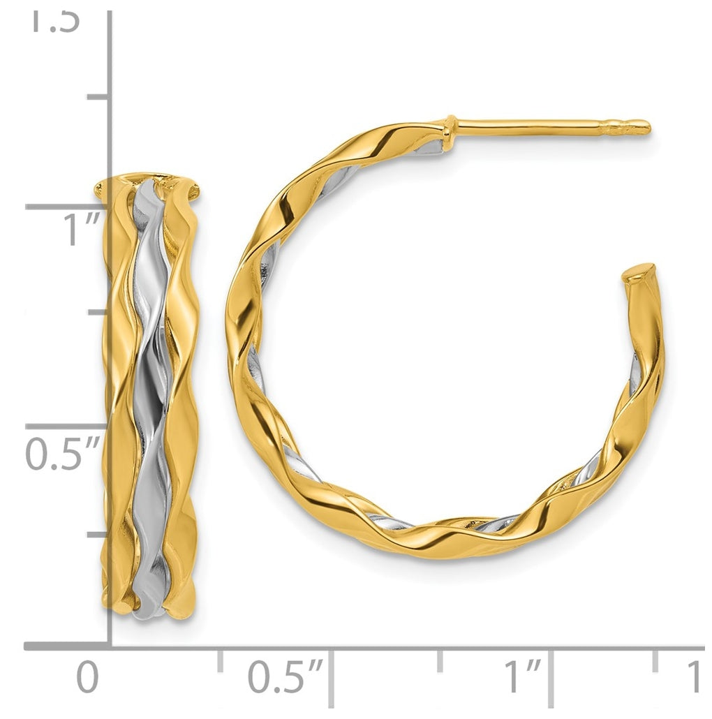 14k Yellow Gold w/Rhodium Polished Wave J-Hoop Post Earrings