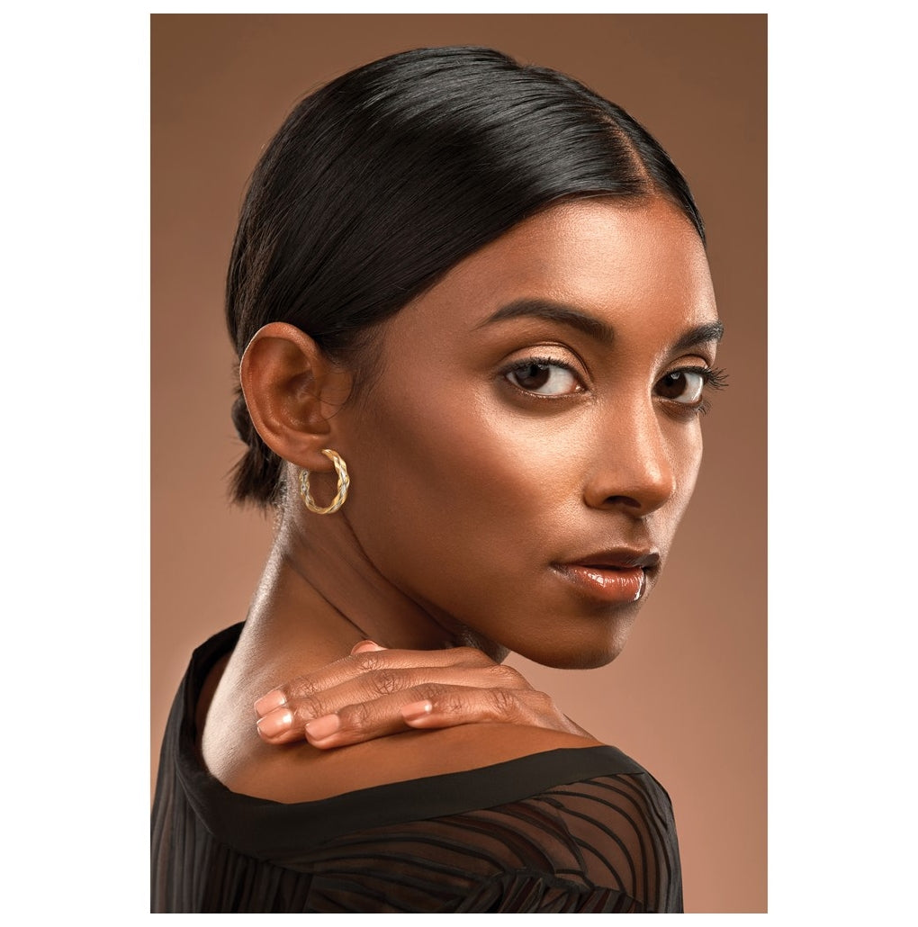 14k Yellow Gold w/Rhodium Polished Wave J-Hoop Post Earrings