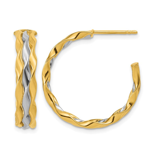 14k Yellow Gold w/Rhodium Polished Wave J-Hoop Post Earrings