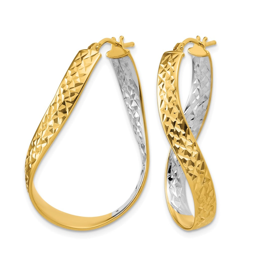14k Yellow Gold w/Rhodium Polished/Diamond-cut Twist In and Out Hoop Earrings