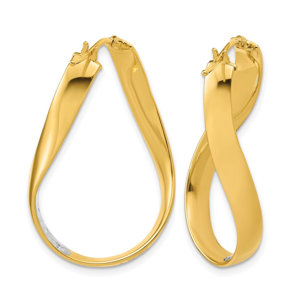 14k Yellow Gold w/Rhodium Polished/Diamond-cut Twist In and Out Hoop Earrings
