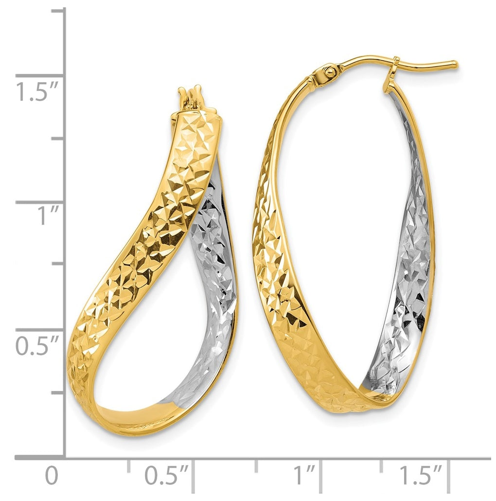 14k Yellow Gold w/Rhodium Polished/Diamond-cut Twist In and Out Hoop Earrings