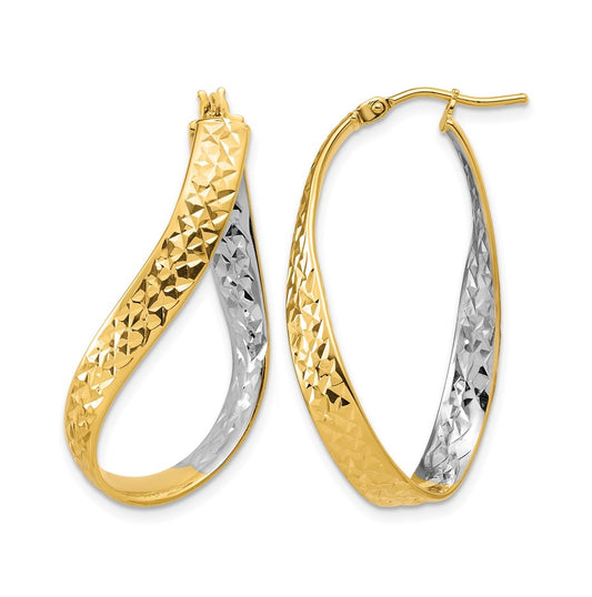 14k Yellow Gold w/Rhodium Polished/Diamond-cut Twist In and Out Hoop Earrings
