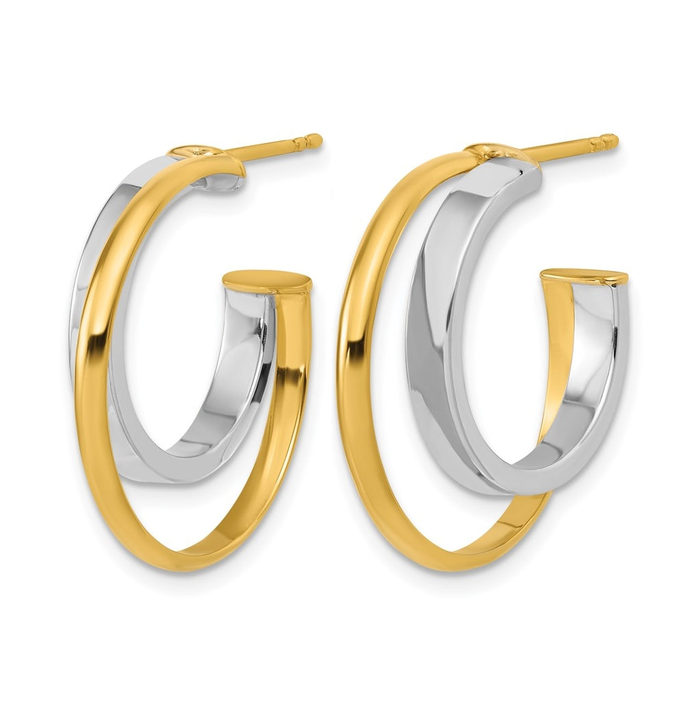 14k Yellow Gold w/Rhodium Polished 2-Row J-Hoop Post Earrings