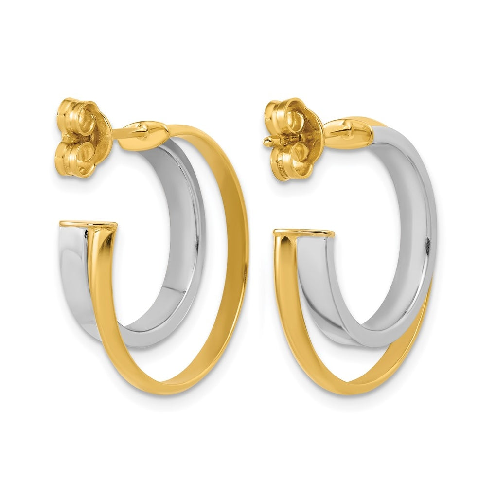 14k Yellow Gold w/Rhodium Polished 2-Row J-Hoop Post Earrings