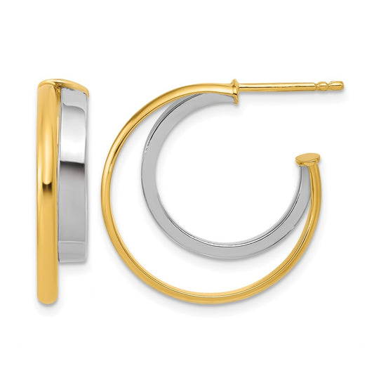 14k Yellow Gold w/Rhodium Polished 2-Row J-Hoop Post Earrings
