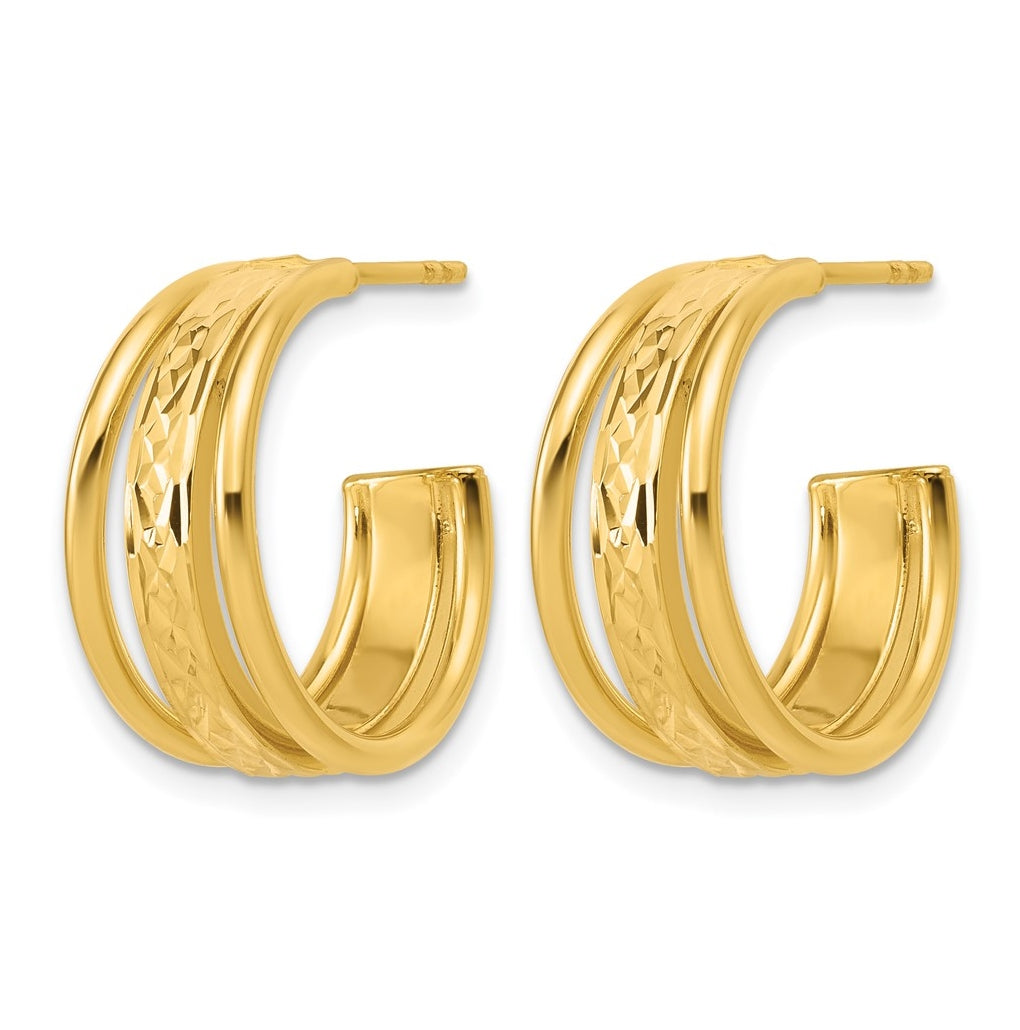 14k Yellow Gold Polished and Diamond-cut 3-Row J-Hoop Post Earrings