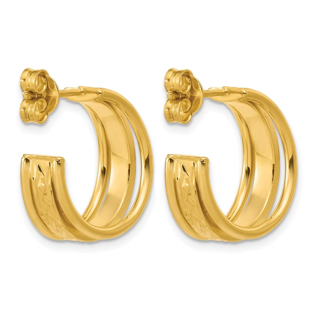 14k Yellow Gold Polished and Diamond-cut 3-Row J-Hoop Post Earrings