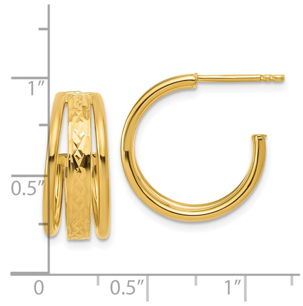 14k Yellow Gold Polished and Diamond-cut 3-Row J-Hoop Post Earrings