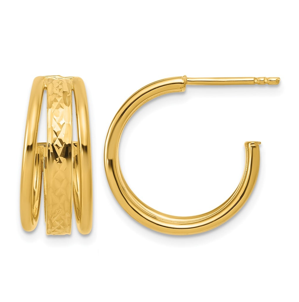 14k Yellow Gold Polished and Diamond-cut 3-Row J-Hoop Post Earrings