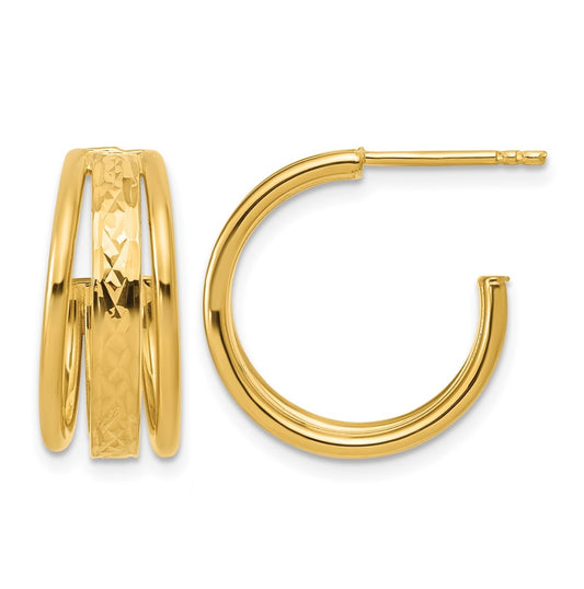 14k Yellow Gold Polished and Diamond-cut 3-Row J-Hoop Post Earrings