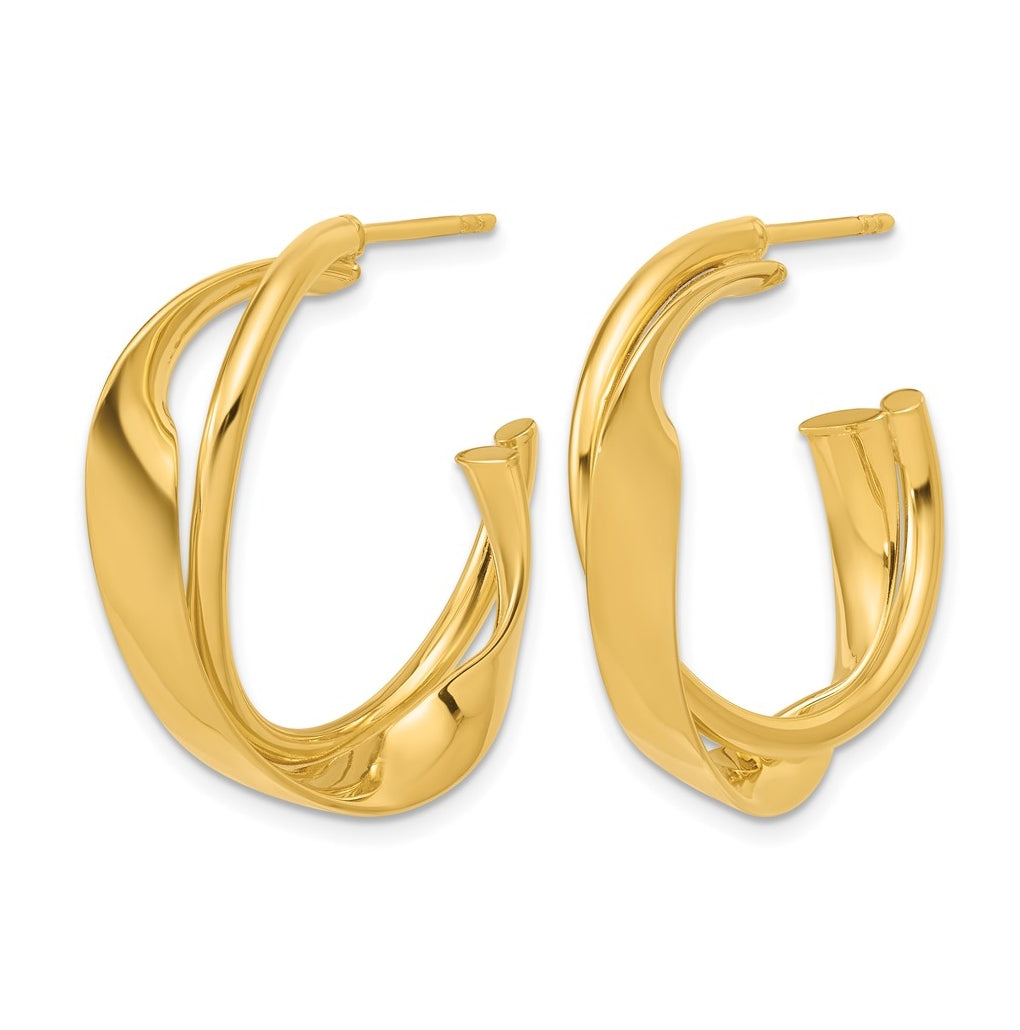 14k Yellow Gold Polished 2-Row Twist J-Hoop Post Earrings
