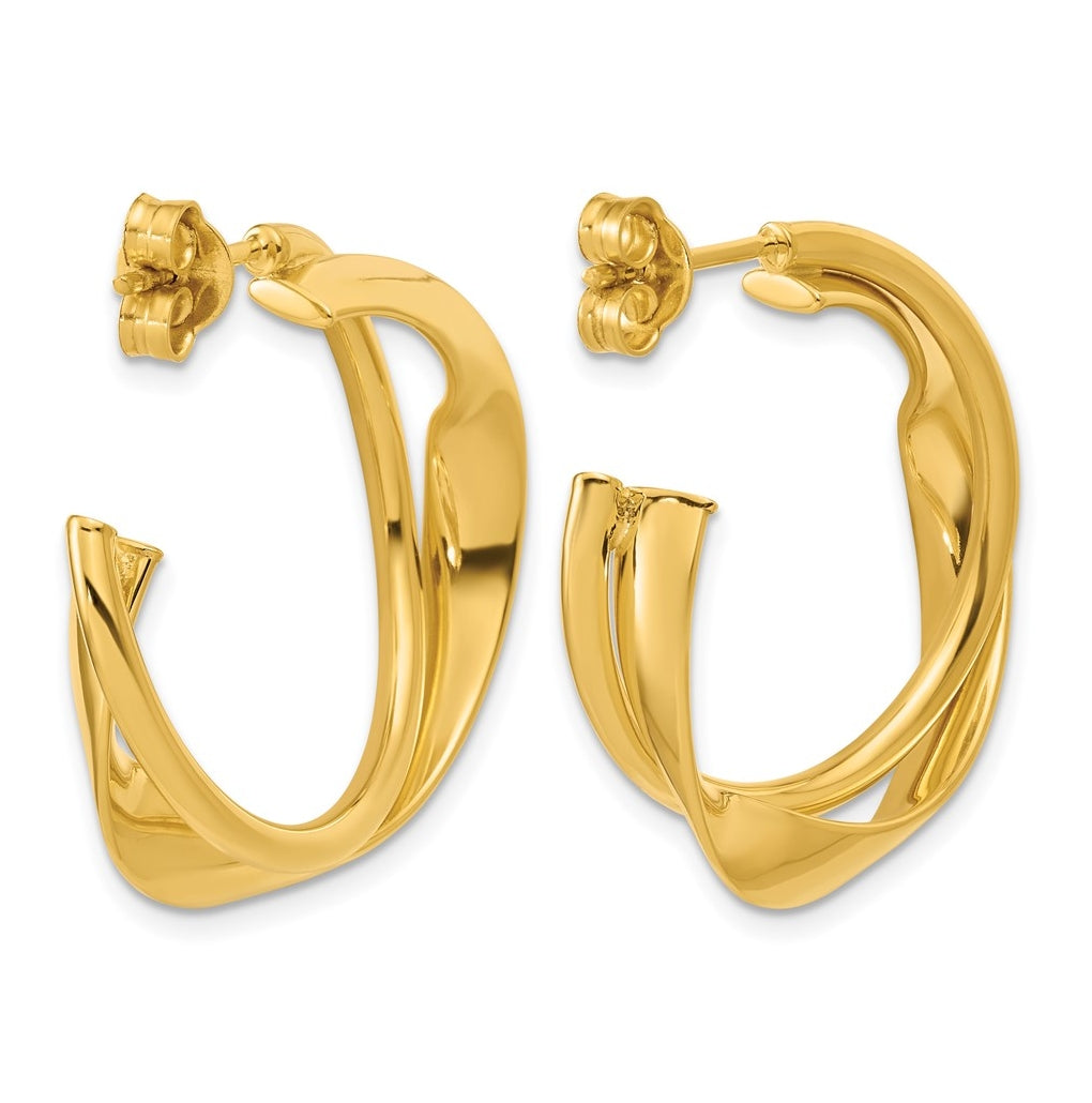 14k Yellow Gold Polished 2-Row Twist J-Hoop Post Earrings