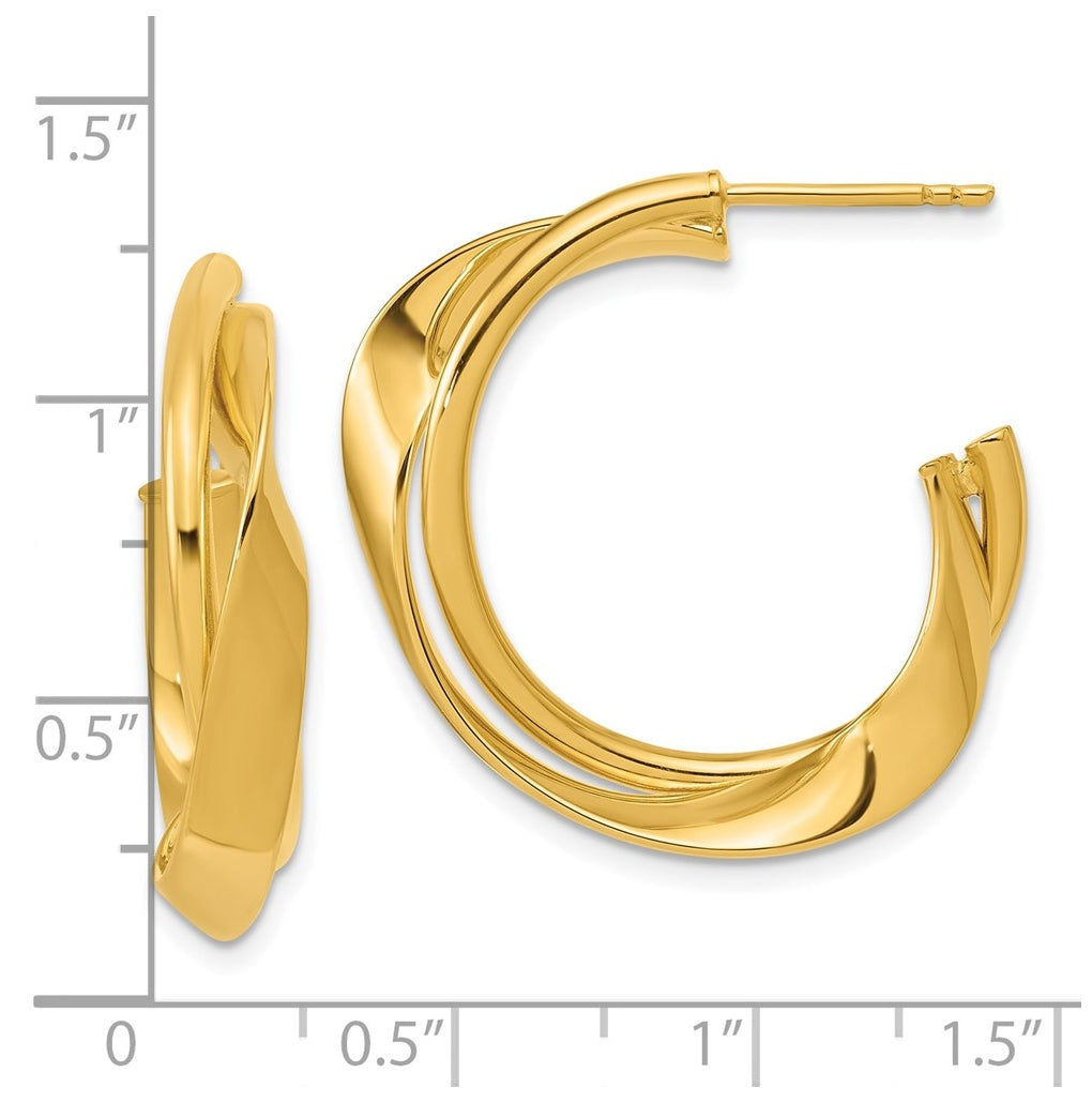 14k Yellow Gold Polished 2-Row Twist J-Hoop Post Earrings