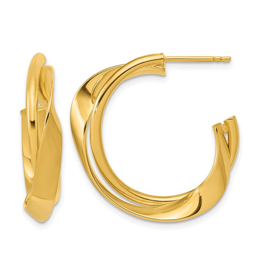 14k Yellow Gold Polished 2-Row Twist J-Hoop Post Earrings