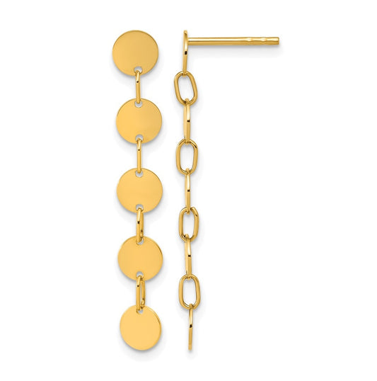 14k Yellow Gold Polished Circle Disk Dangle Post Earrings
