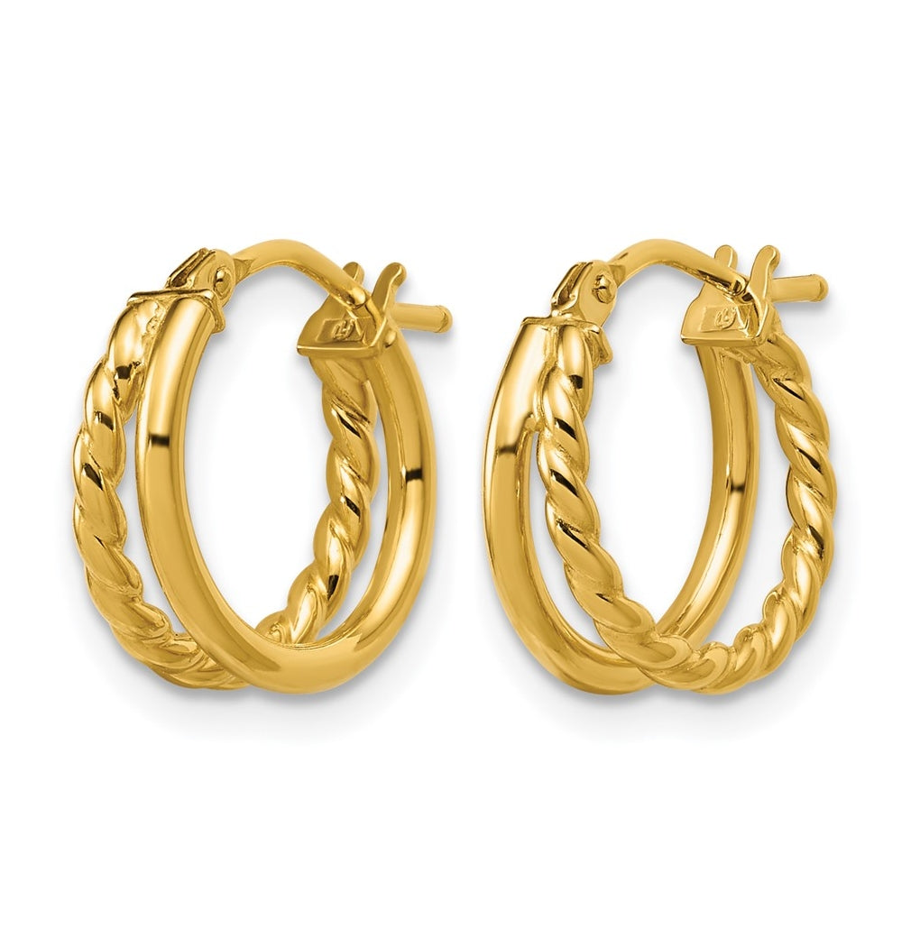 14k Yellow Gold Polished and Twisted 2-row J-Hoop Earrings