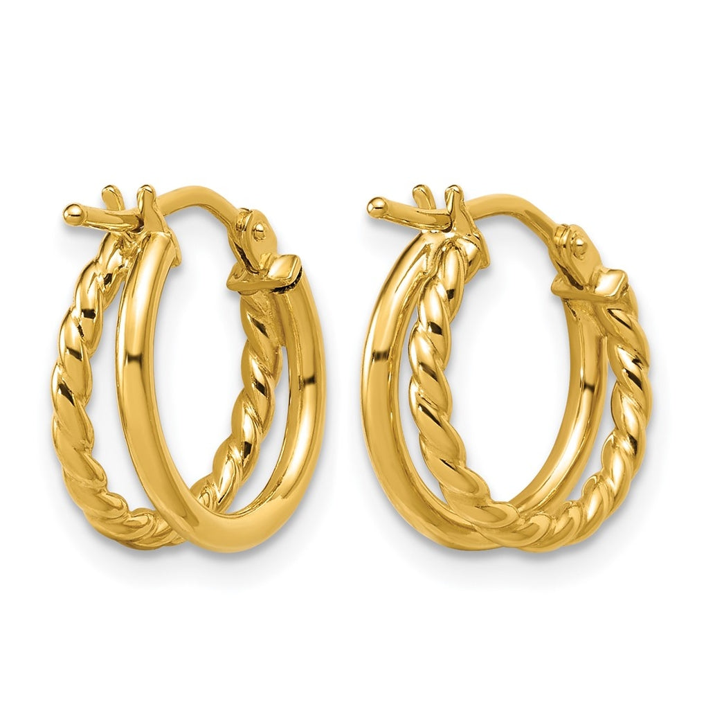 14k Yellow Gold Polished and Twisted 2-row J-Hoop Earrings
