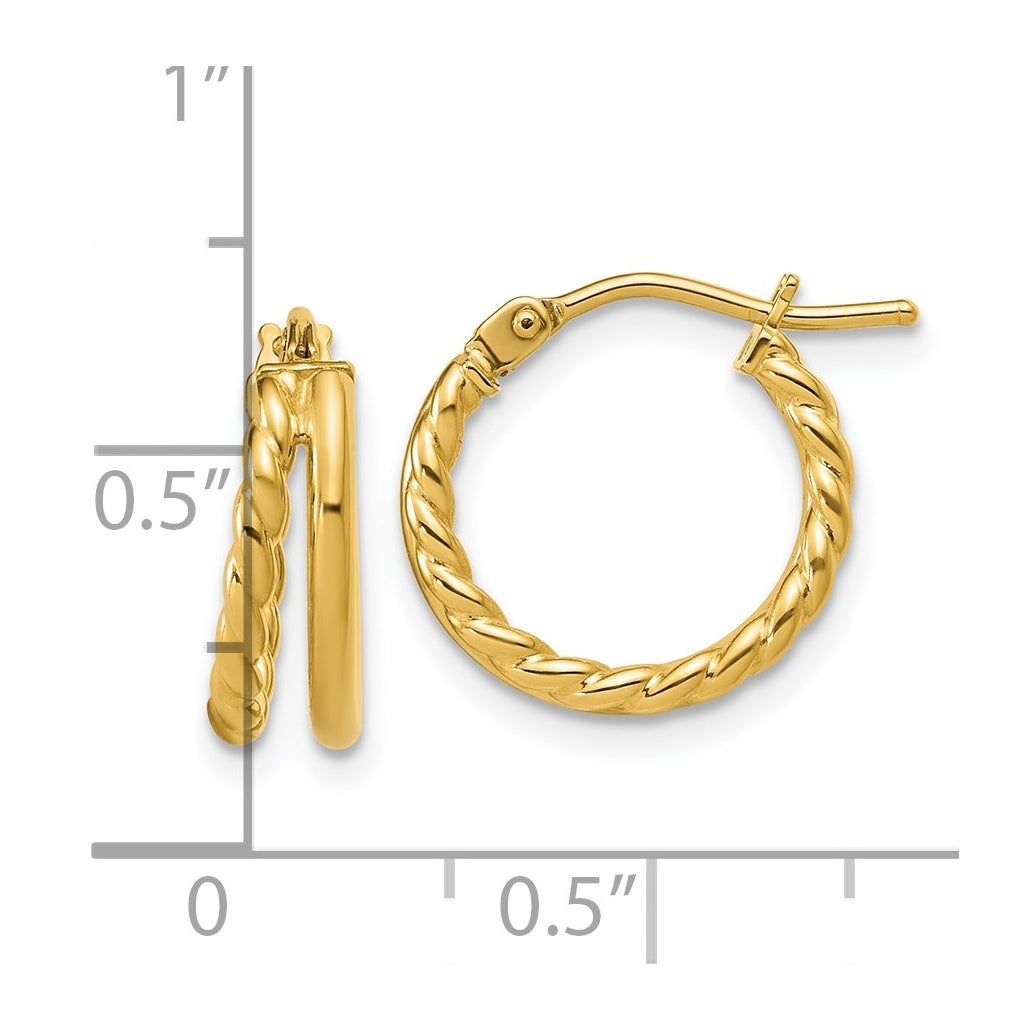 14k Yellow Gold Polished and Twisted 2-row J-Hoop Earrings