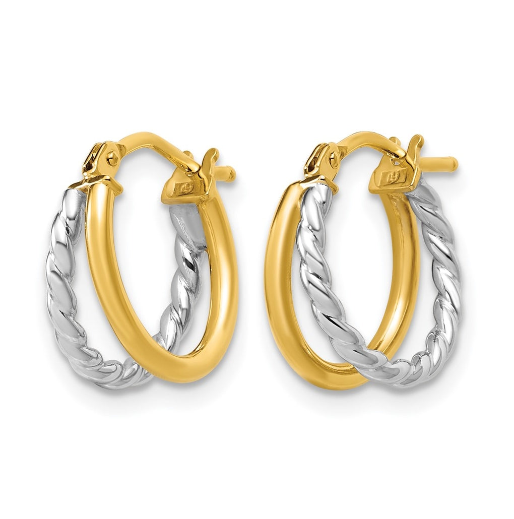 14K w/Rhodium Polished and Twisted 2-row J-Hoop Earrings