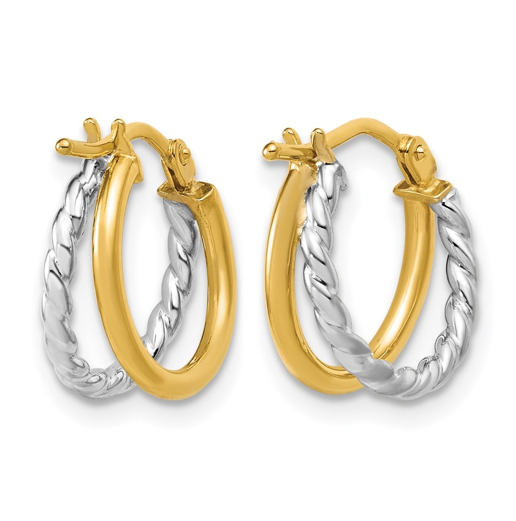 14K w/Rhodium Polished and Twisted 2-row J-Hoop Earrings