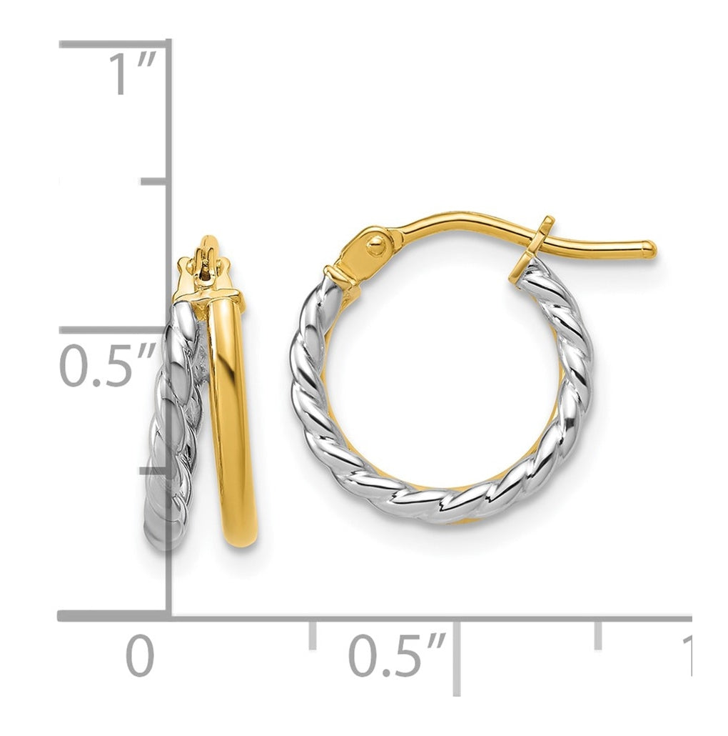 14K w/Rhodium Polished and Twisted 2-row J-Hoop Earrings
