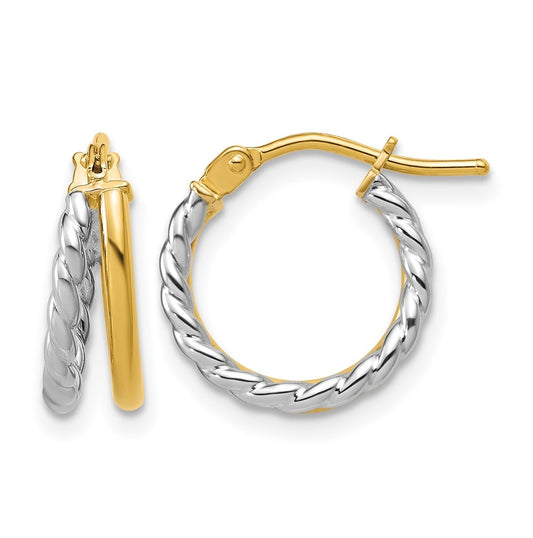 14K w/Rhodium Polished and Twisted 2-row J-Hoop Earrings