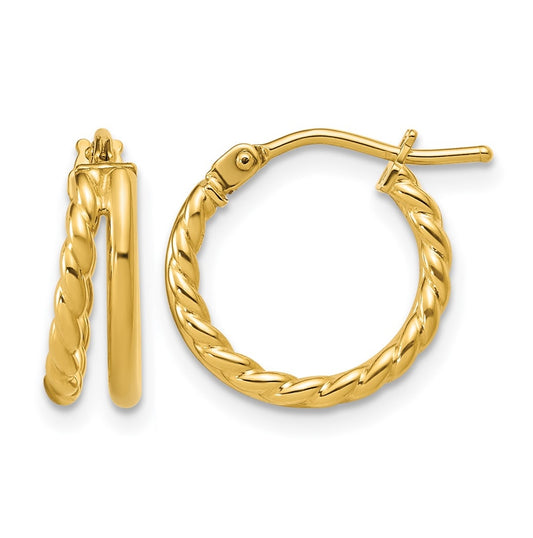14k Yellow Gold Polished and Twisted 2-row J-Hoop Earrings