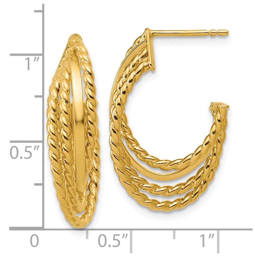 14k Yellow Gold Polished and Twisted 4-row Intertwined Hoop Earrings