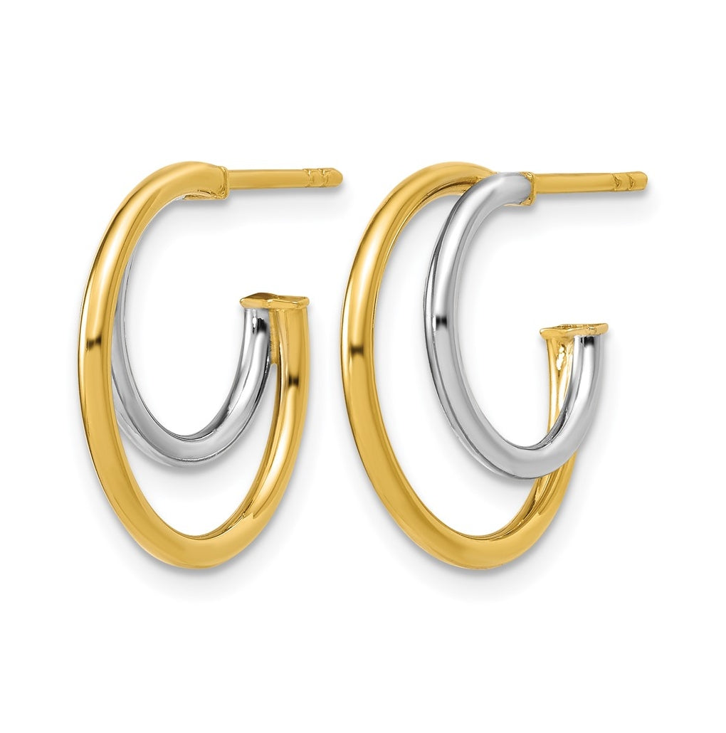 14K w/Rhodium Polished 2-row J-Hoop Post Earrings