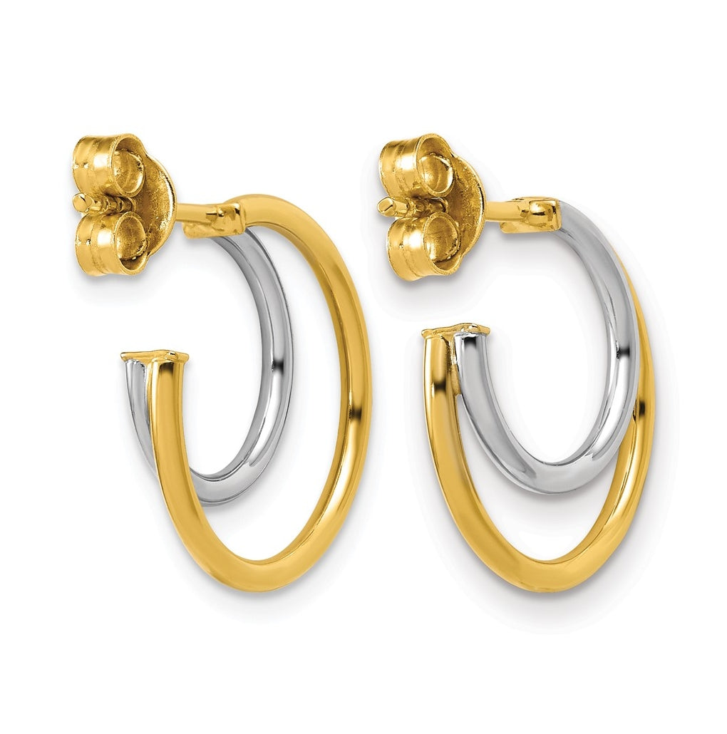 14K w/Rhodium Polished 2-row J-Hoop Post Earrings