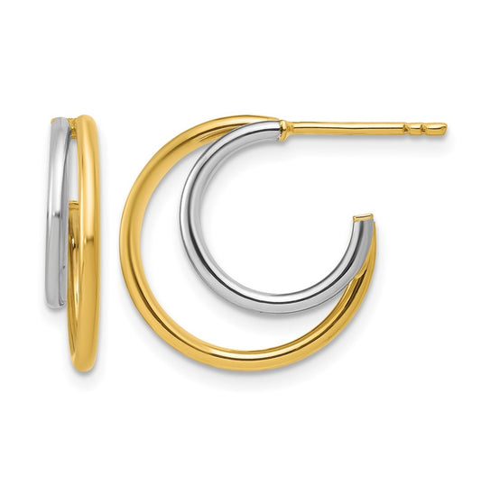 14K w/Rhodium Polished 2-row J-Hoop Post Earrings