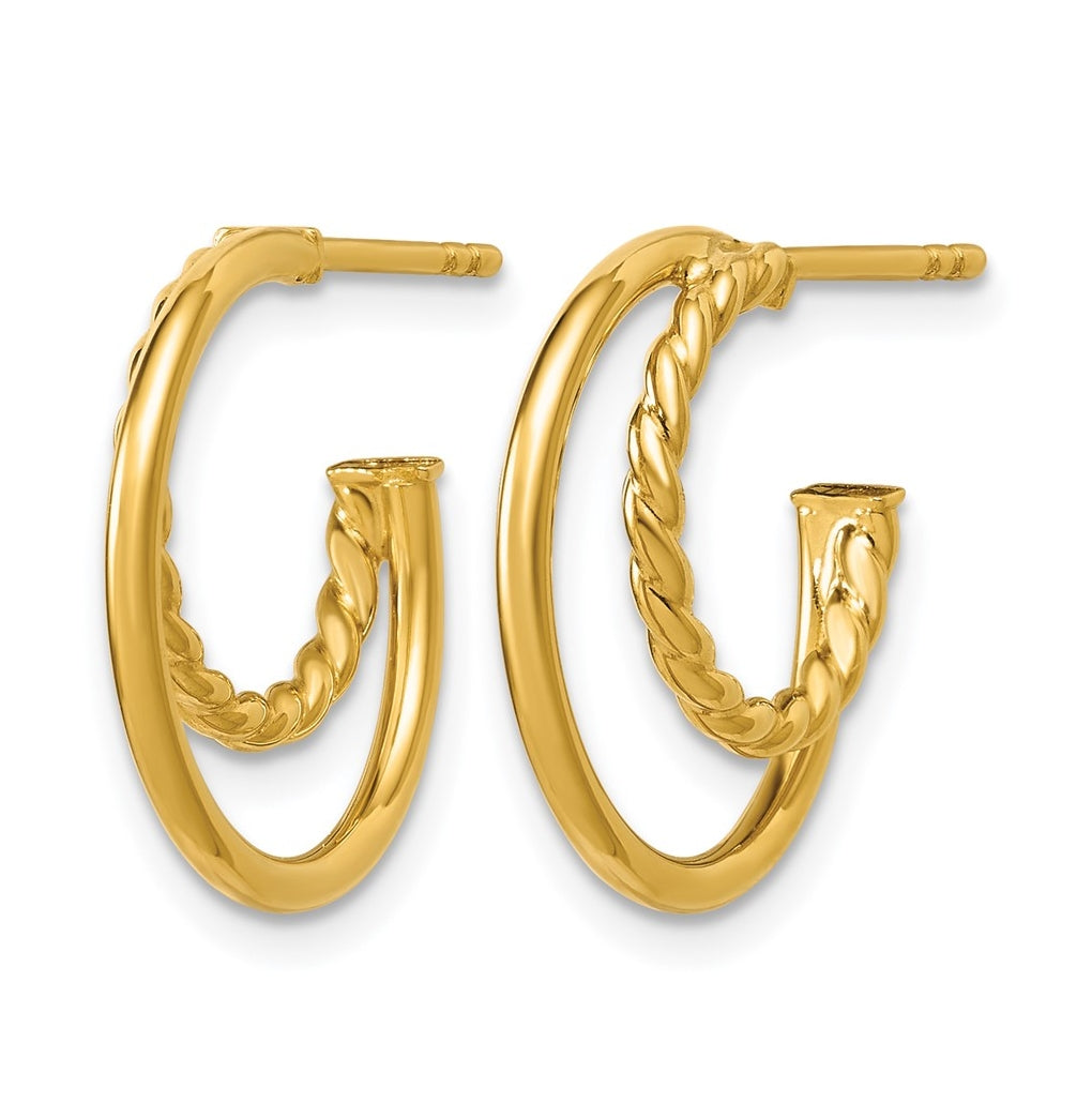 14k Yellow Gold Polished and Twisted 2-row J-Hoop Post Earrings