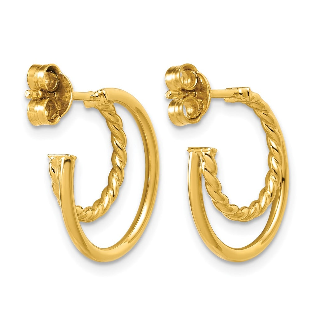 14k Yellow Gold Polished and Twisted 2-row J-Hoop Post Earrings