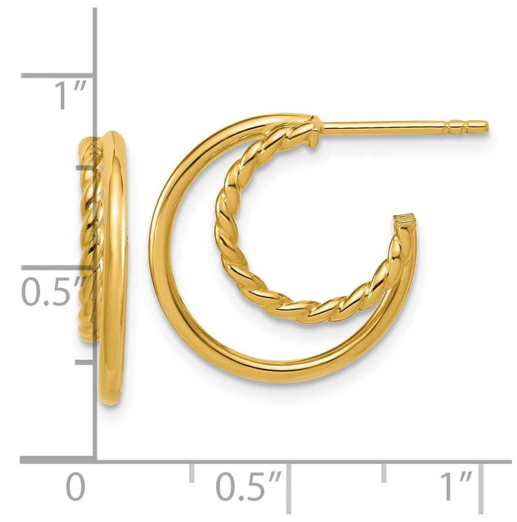 14k Yellow Gold Polished and Twisted 2-row J-Hoop Post Earrings