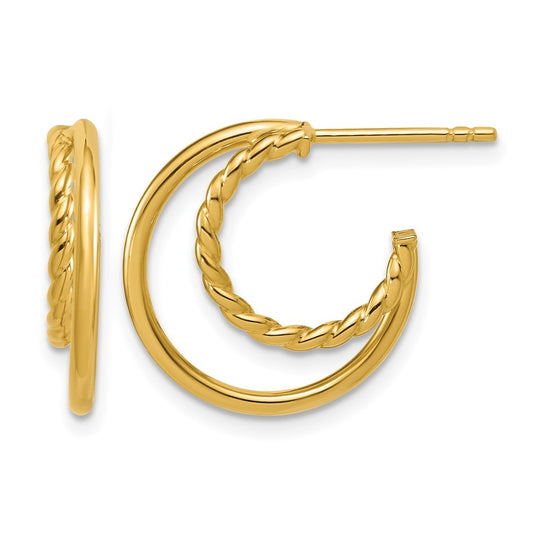 14k Yellow Gold Polished and Twisted 2-row J-Hoop Post Earrings