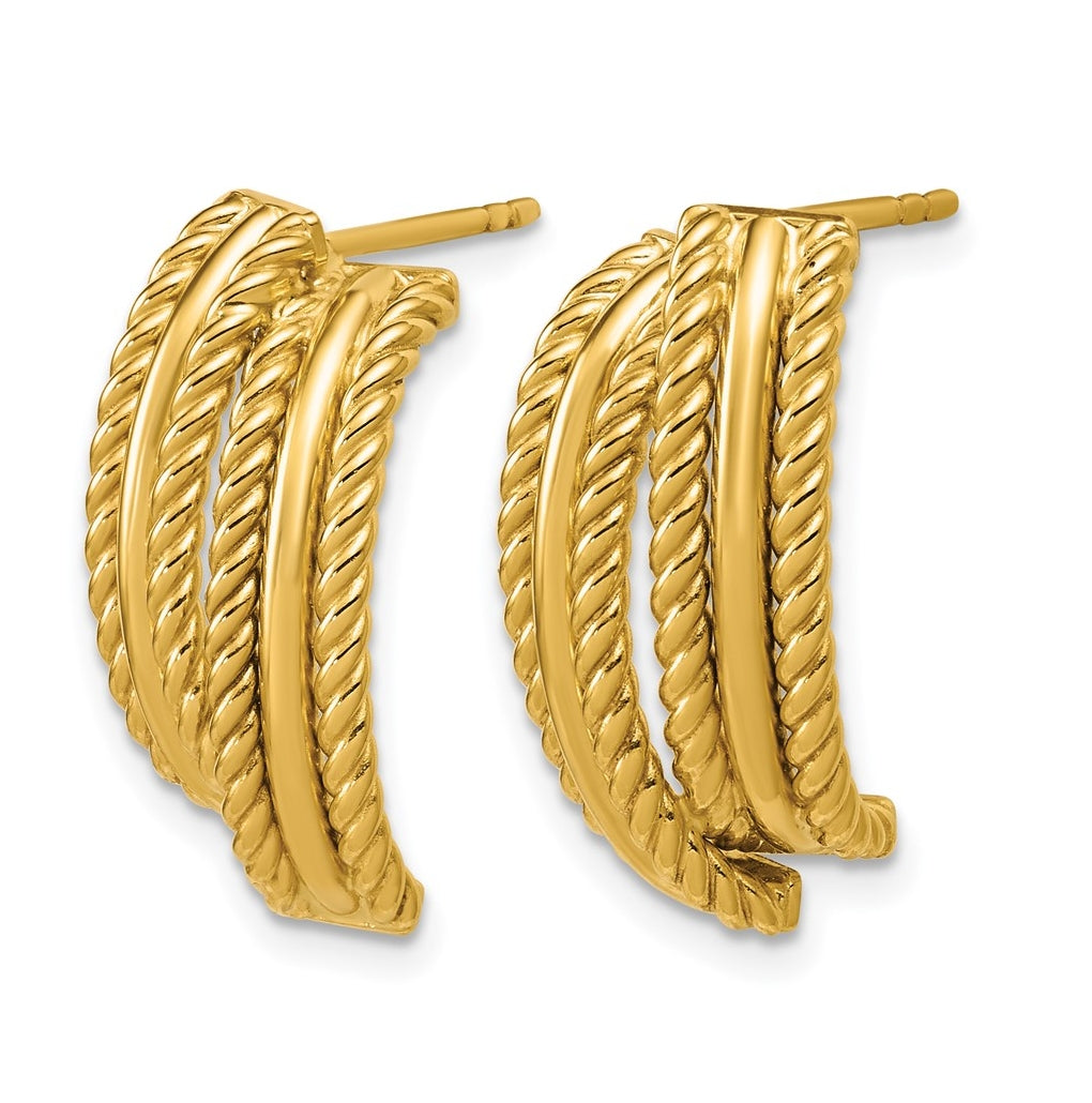 14k Yellow Gold Polished and Twisted J-Hoop Post Earrings