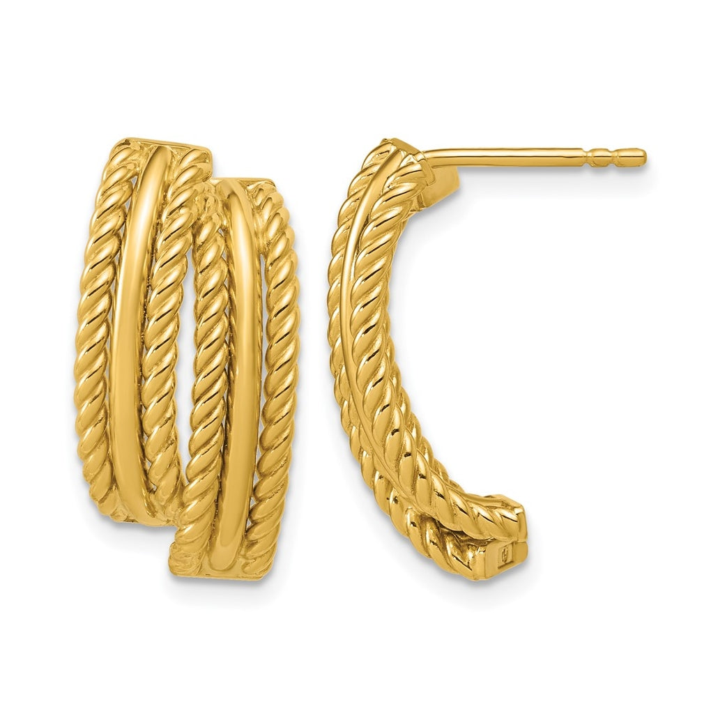 14k Yellow Gold Polished and Twisted J-Hoop Post Earrings