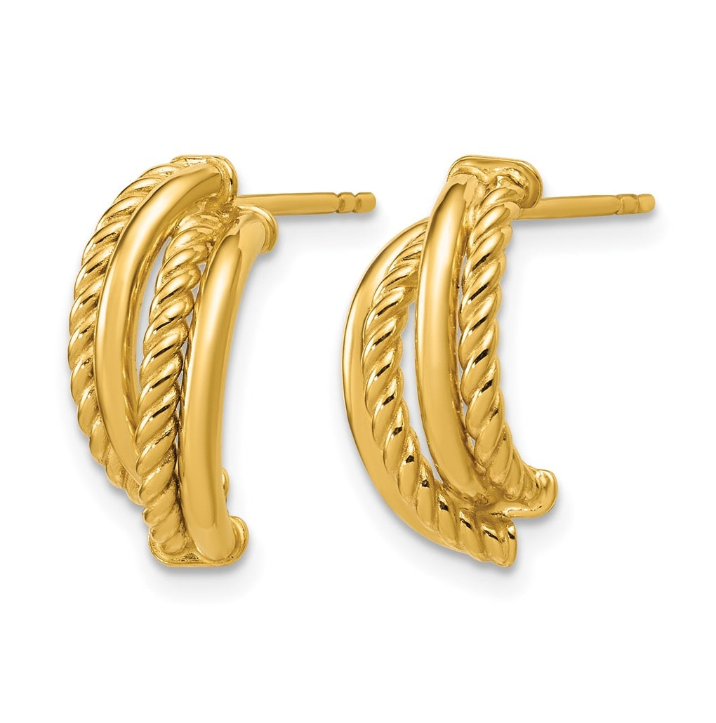 14k Yellow Gold Polished and Twisted J-Hoop Post Earrings