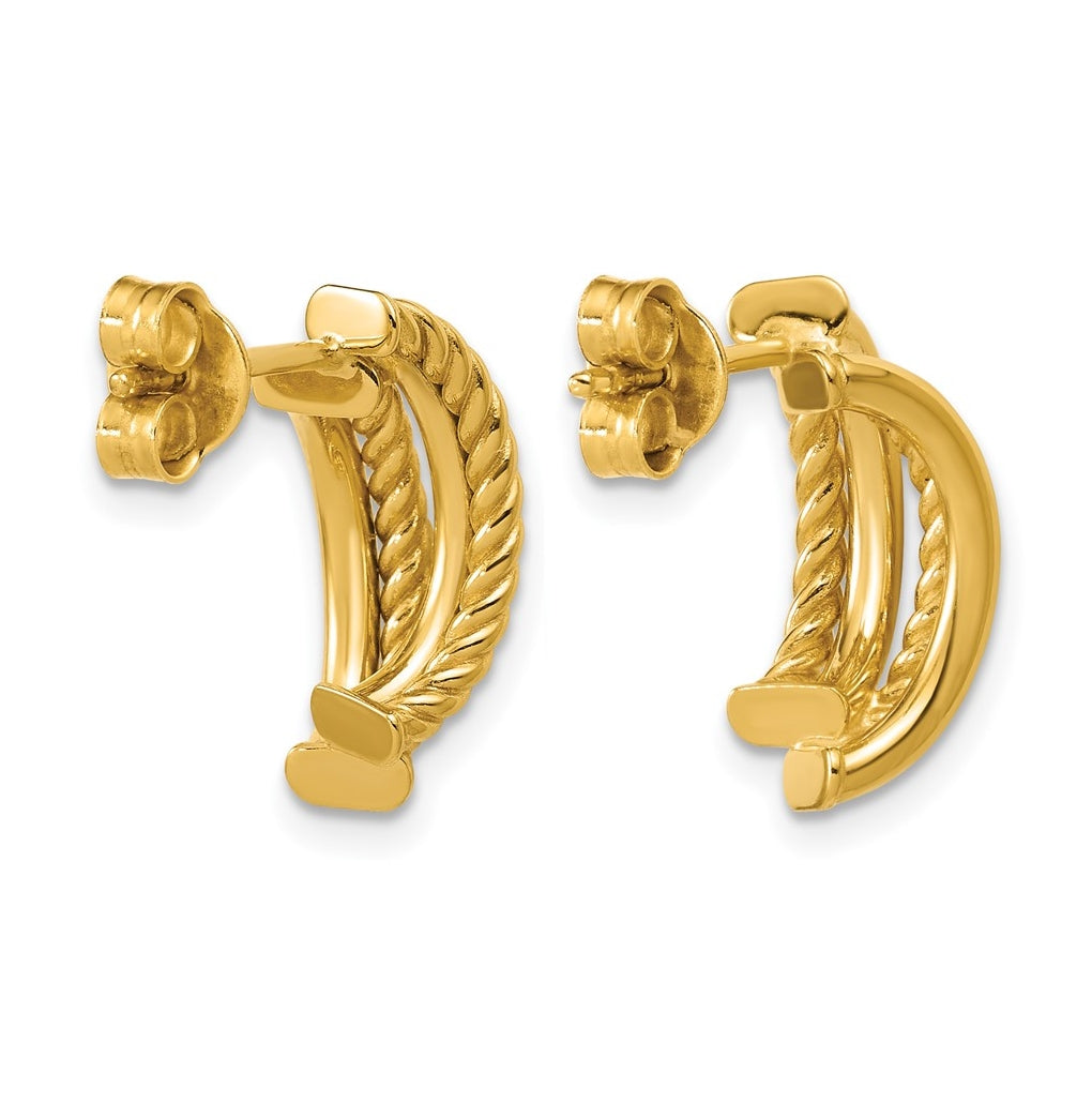 14k Yellow Gold Polished and Twisted J-Hoop Post Earrings