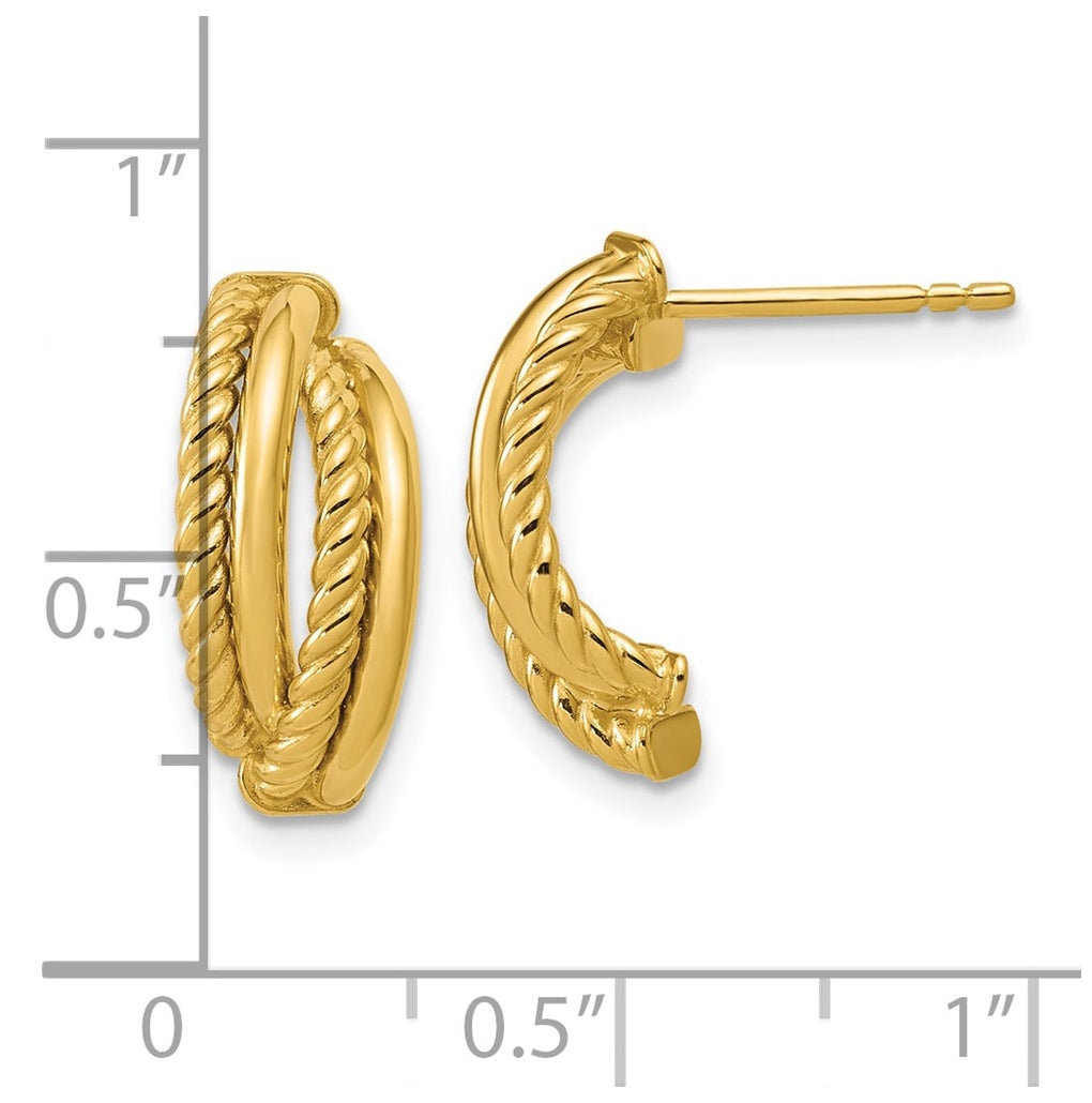 14k Yellow Gold Polished and Twisted J-Hoop Post Earrings