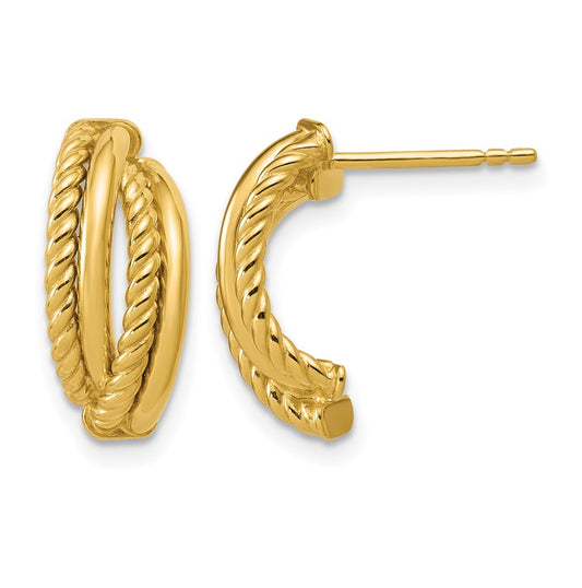 14k Yellow Gold Polished and Twisted J-Hoop Post Earrings