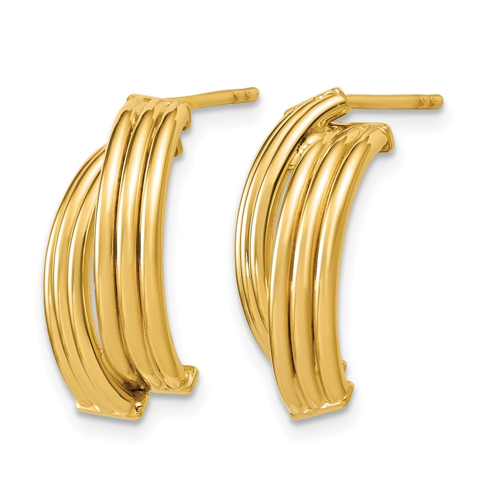 14k Yellow Gold Polished and Grooved J-Hoop Post Earrings