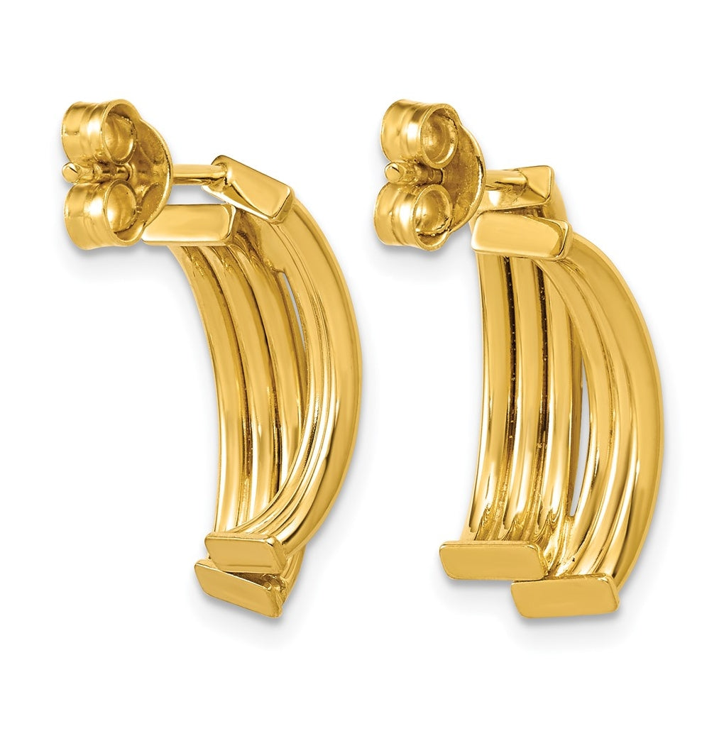 14k Yellow Gold Polished and Grooved J-Hoop Post Earrings